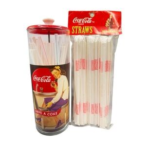 🥤 Vintage Coca-Cola Glass Straw Holder + Sealed Pack of 50 Coke Straws 🎶 Retro